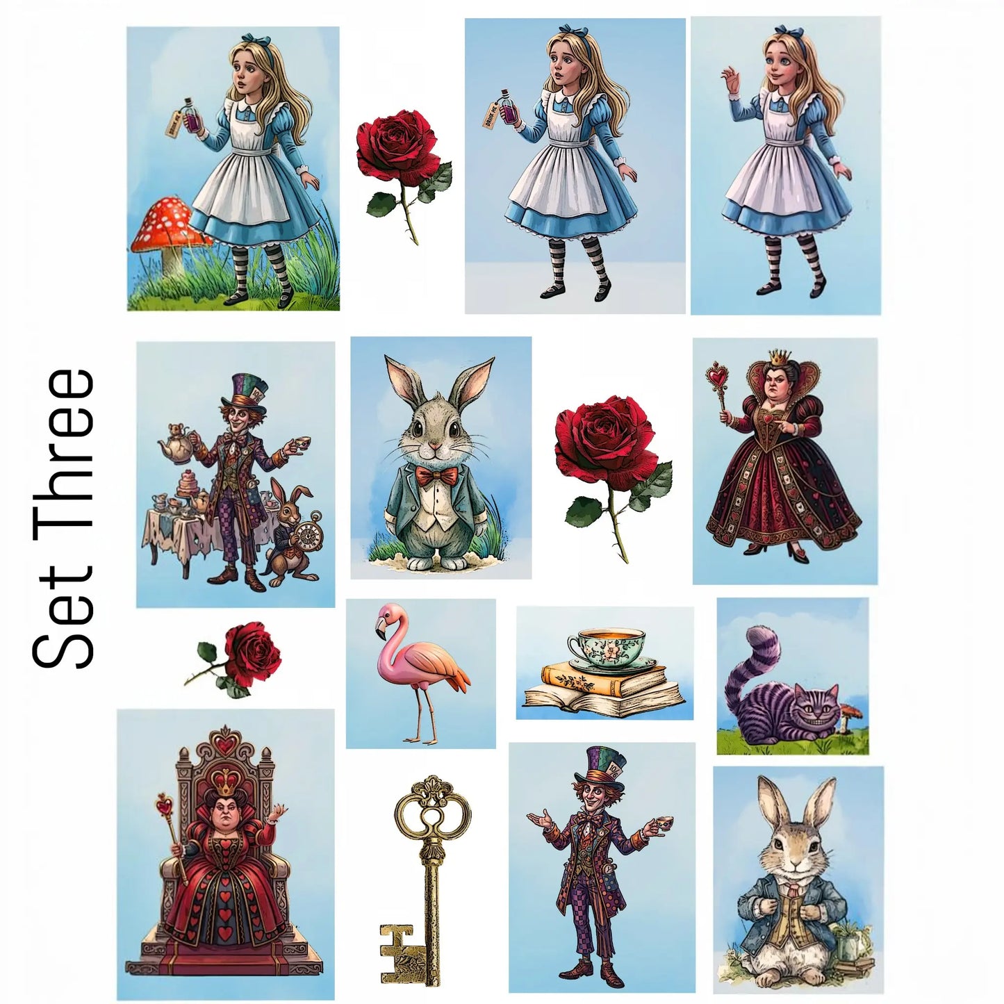 A collage of Alice in Wonderland themed illustrations labeled 'Set Three' on the left, showing characters and motifs like Alice, the Mad Hatter, the White Rabbit, the Queen, a pink flamingo, a purple cat, a rose, a key, and books on a white background.