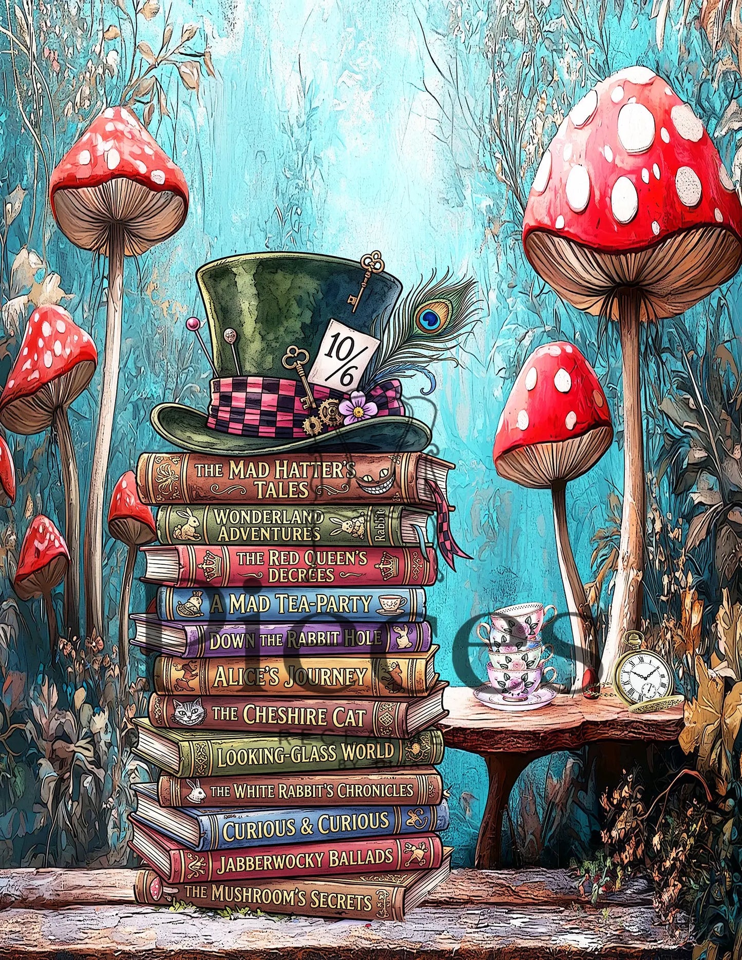 Tissue decoupage paper featuring a whimsical illustrated scene featuring a tall stack of vintage books topped with a black top hat, red-and-white polka-dot mushrooms, a small table with a teapot and clock, and a blue forest background. No person or animal is present, and the scene itself appears to be the product artwork rather than a real photographed environment, so this fits Scenery.