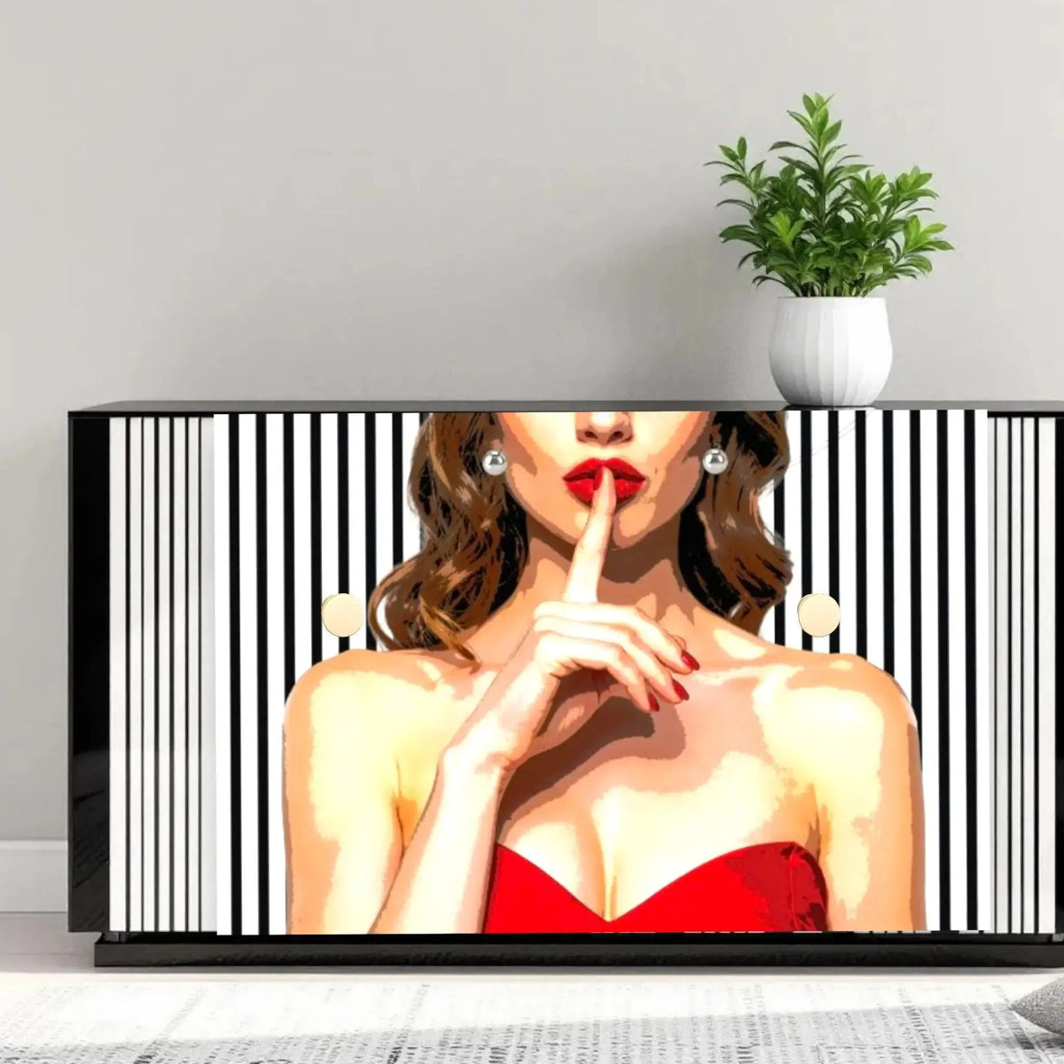 Decoupage paper for furniture. Elevate your furniture and craft projects with our stunning decoupage paper, featuring the unique "Woman in Red Dress" design. This eye-catching paper combines modern style with whimsical charm, showcasing a stylish woman's in striking red dress queuing silence with her finger on her mouth. A powerful blend f a strong beautiful woman against a chic black and white striped background. Perfect for adding a touch of flair to any DIY project!