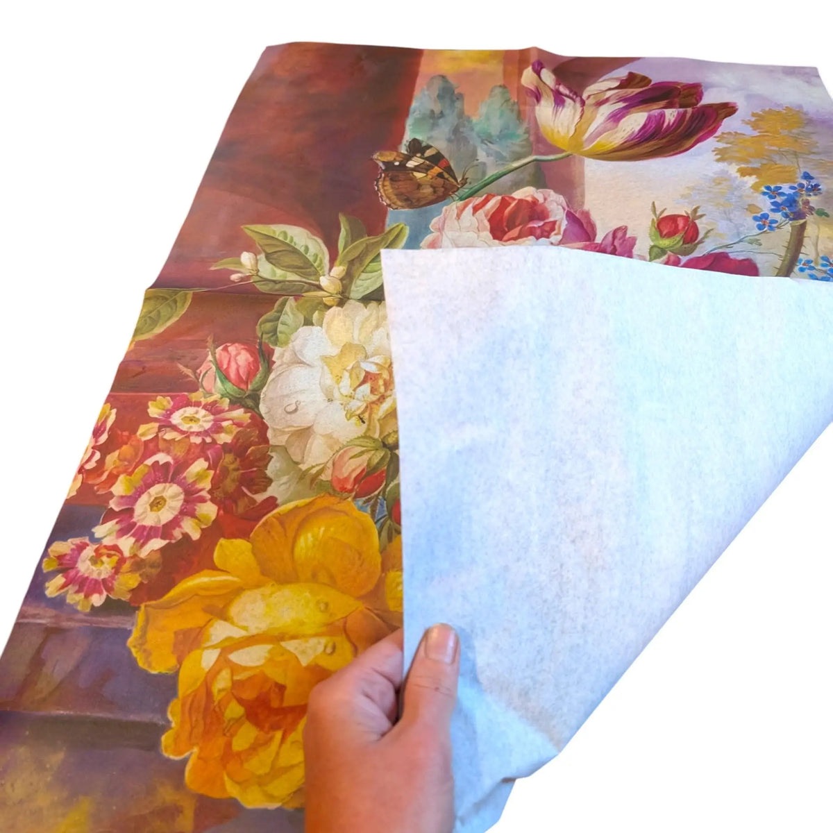 Discover the beauty of creative transformation with our Floral Decoupage Paper, a perfect choice for furniture upcycling, DIY crafts, and artistic decor projects. Made by Pieces Reclaimed by Dina, this vibrant tissue paper features a stunning, eye-catching floral design that will elevate any furniture makeover or craft endeavor. Whether you're creating custom furniture transfers, decoupage napkins, or adding decorative accents to your home, its lightweight and durable tissue paper for furniture