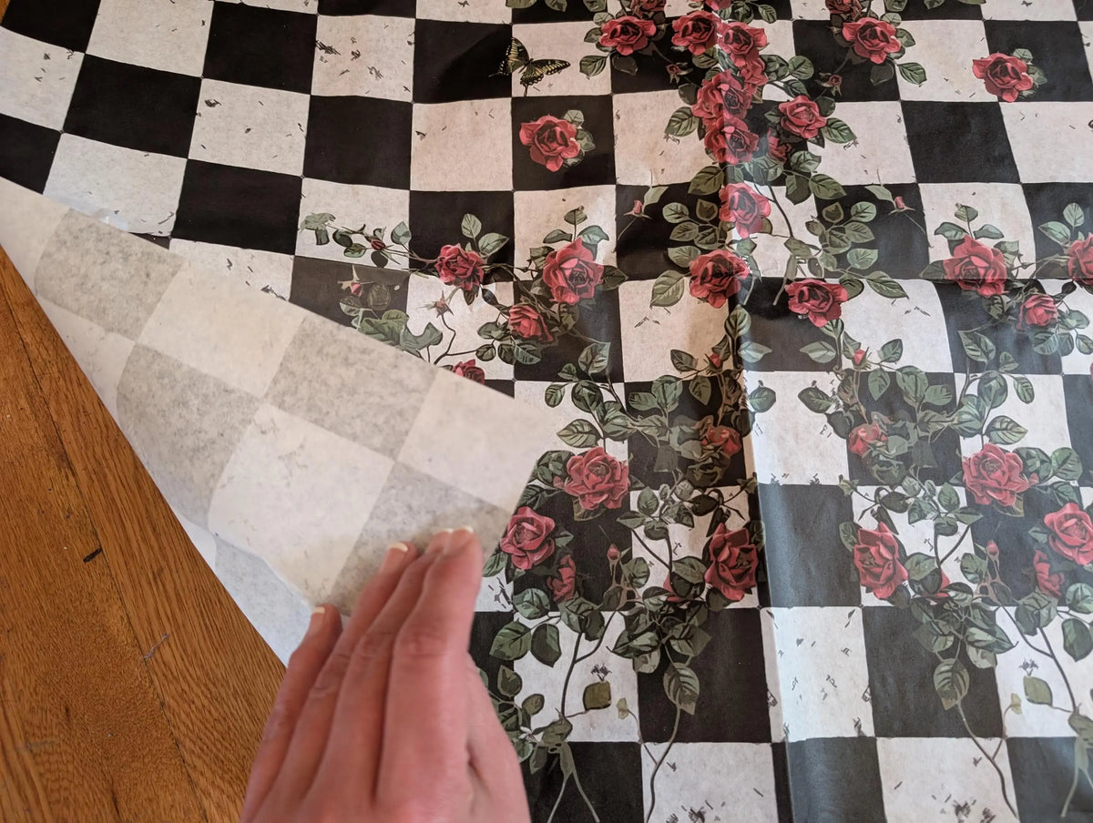 Large Decoupage Paper: Checkerboard Pattern Black and White Upcycling Tissue. Featuring a checkerboard pattern in black and white. Perfect for crafters, decorators, and upcycling enthusiasts, this high-quality tissue paper allows you to effortlessly elevate furniture, home decor, and craft pieces into personalized masterpieces. Whether you're redesigning vintage furniture, creating unique wall art, or embellishing glass and metal surfaces, this versatile decoupage paper is your go-to choice