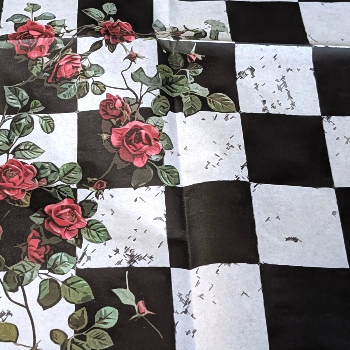 Decoupage Paper - Red Roses on a Black-and-White Checkerboard Pattern Pieces Reclaimed