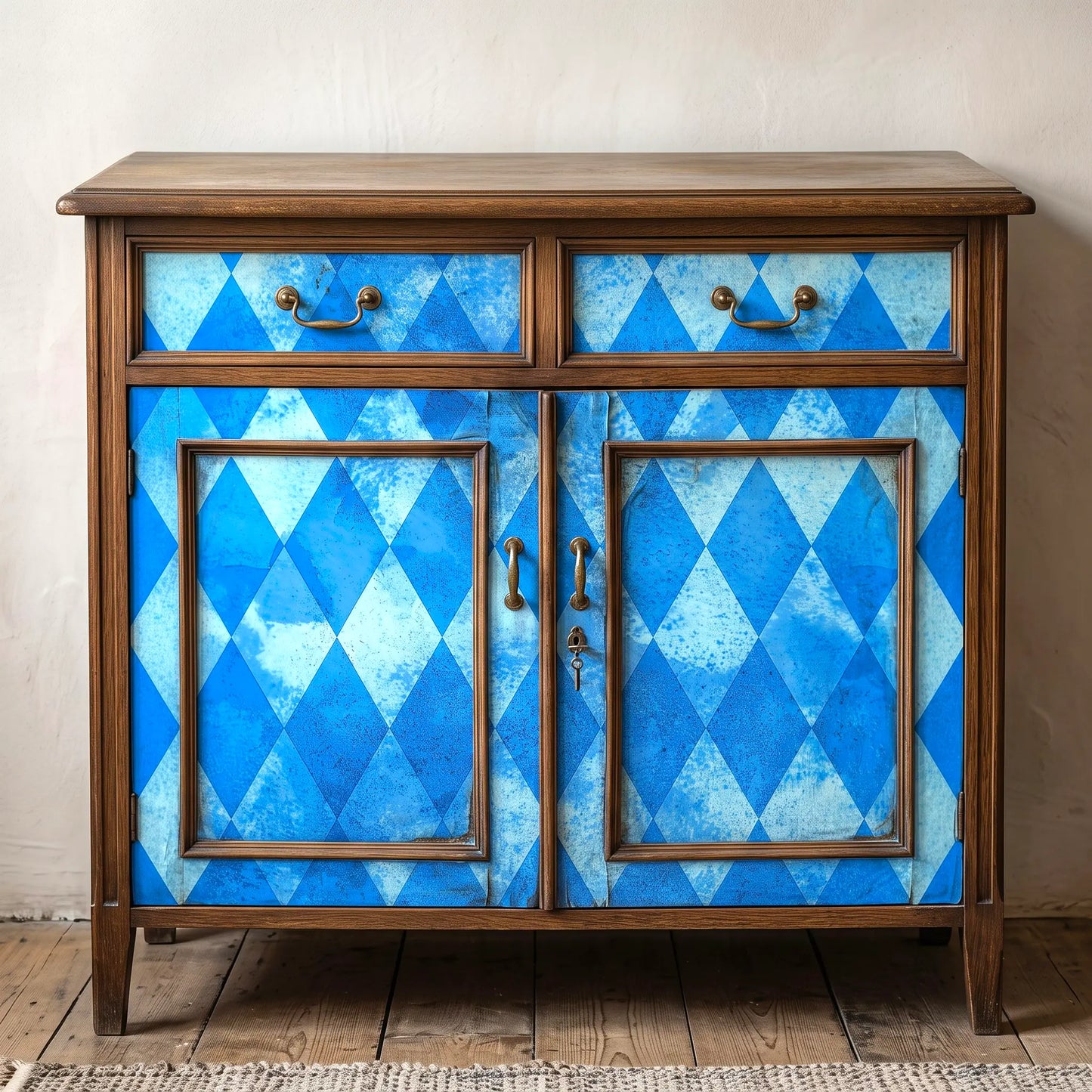 A rustic wooden side table decoupaged with a blue harlequin diamond pattern on the front, featuring two drawers on top and two doors below, set against a neutral beige wall and wooden floor.