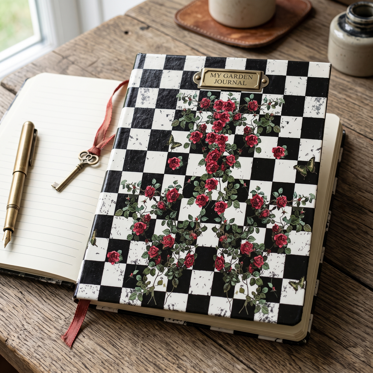 A hardcover journal with a black and white checkerboard pattern and a central red rose floral design, resting on a rustic wooden table next to an open notebook, a gold pen, and a vintage key.