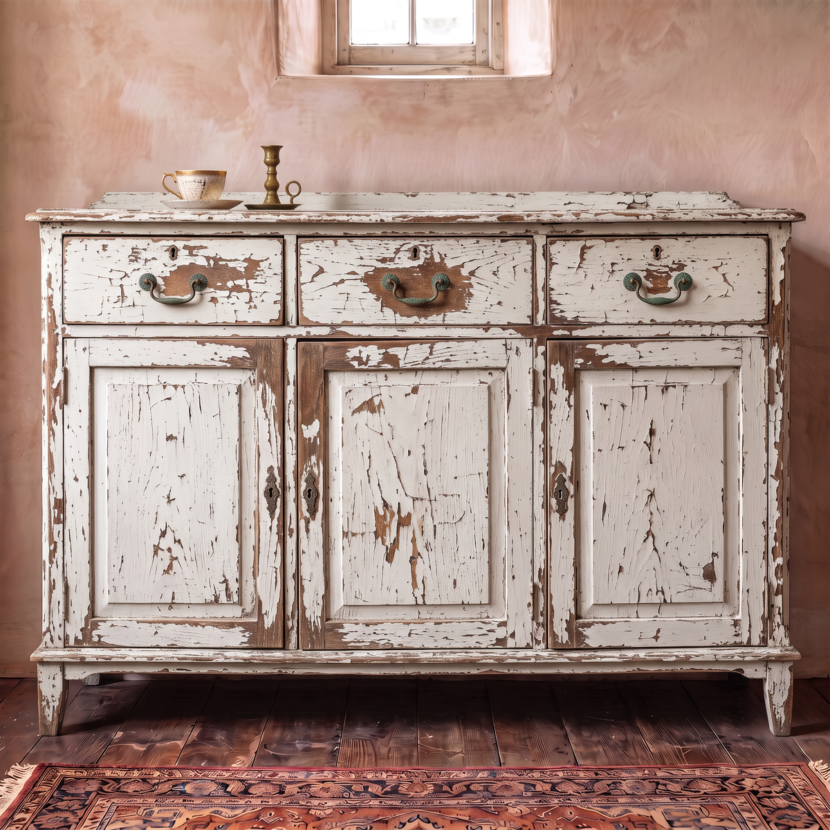 A distressed white wooden sideboard cabinet with three drawers and three lower doors, showing heavy peeling paint and rustic brown wood showing through. It is styled in a room with a textured pinkish-beige plaster wall, a small window, a wooden floor, and a patterned rug.
