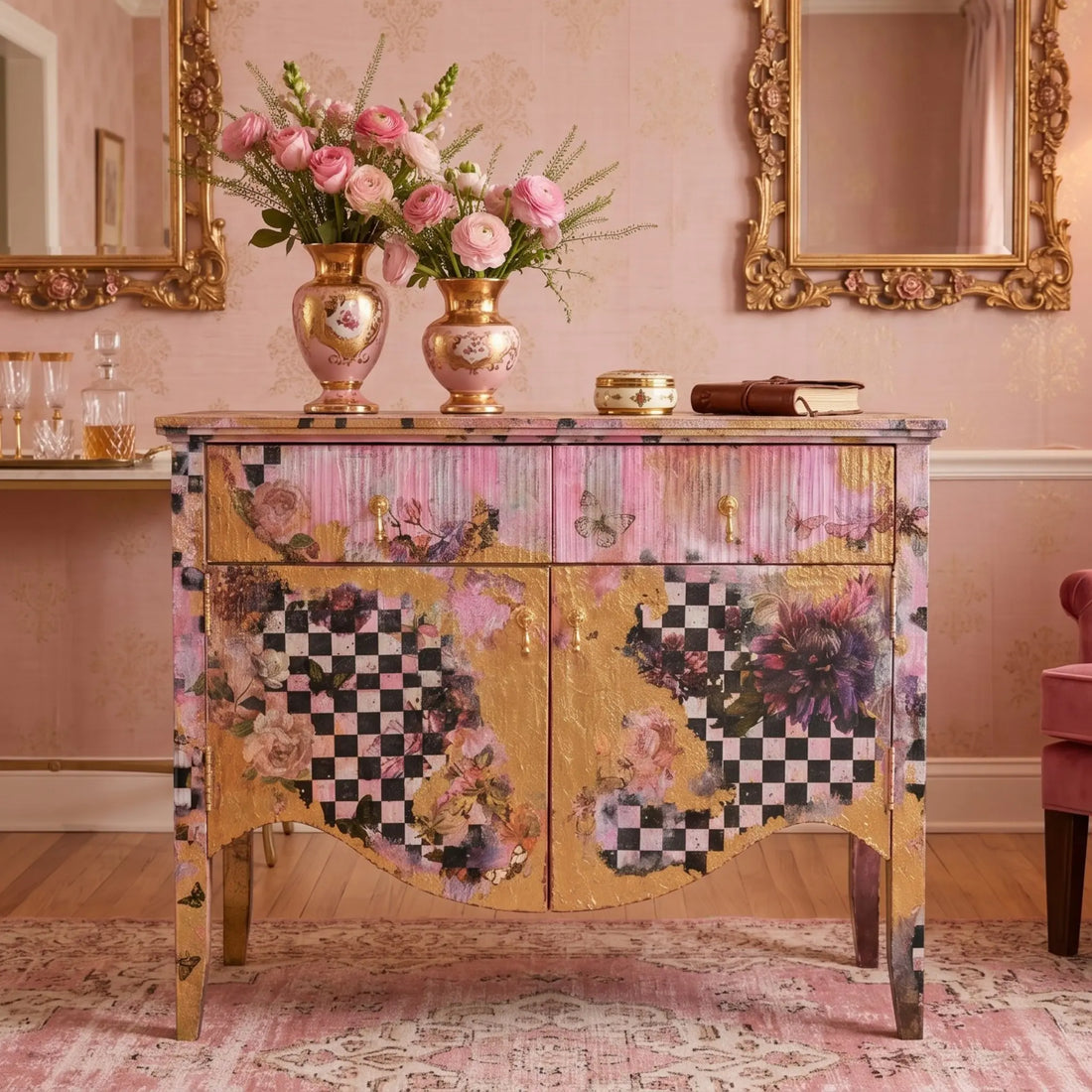 A vintage refinished side board with Pink, and gold leaf design.