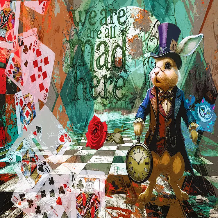 A surreal collage-style artwork featuring a rabbit dressed as the White Knight from Alice in Wonderland, wearing a top hat and coat while holding a pocket watch. Playing cards, a red rose, a blue Cheshire Cat face, and the phrase 'we are all mad here' appear in a painted, textured scene.