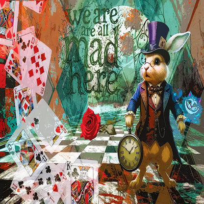 A surreal collage-style artwork featuring a rabbit dressed as the White Knight from Alice in Wonderland, wearing a top hat and coat while holding a pocket watch. Playing cards, a red rose, a blue Cheshire Cat face, and the phrase 'we are all mad here' appear in a painted, textured scene.