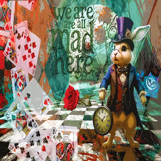 A surreal collage-style artwork featuring a rabbit dressed as the White Knight from Alice in Wonderland, wearing a top hat and coat while holding a pocket watch. Playing cards, a red rose, a blue Cheshire Cat face, and the phrase 'we are all mad here' appear in a painted, textured scene.