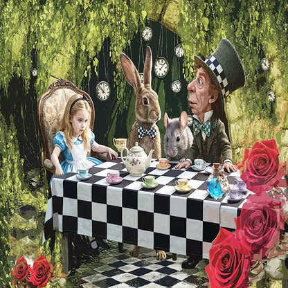 Alice in Wonderland themed artwork featuring Alice, the White Rabbit, and the Mad Hatter wearing a checkered top hat at a checkered table with teacups, hanging clock faces, and large red roses in the foreground.
