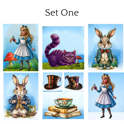 A collage of Alice in Wonderland-themed illustrated prints under the heading 'Set One'. The set includes multiple character and object illustrations: Alice in a blue-and-white dress with a mushroom and bottle, the Cheshire Cat in purple, a rabbit in a suit, another rabbit with a bow tie, a striped hat, a patterned hat, a teacup and books, and another Alice in Wonderland scene.