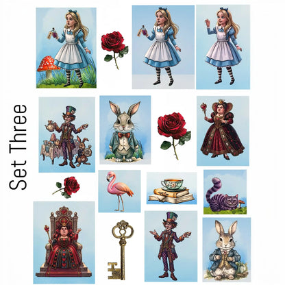 A collage of Alice in Wonderland themed illustrations labeled 'Set Three' on the left, showing characters and motifs like Alice, the Mad Hatter, the White Rabbit, the Queen, a pink flamingo, a purple cat, a rose, a key, and books on a white background.
