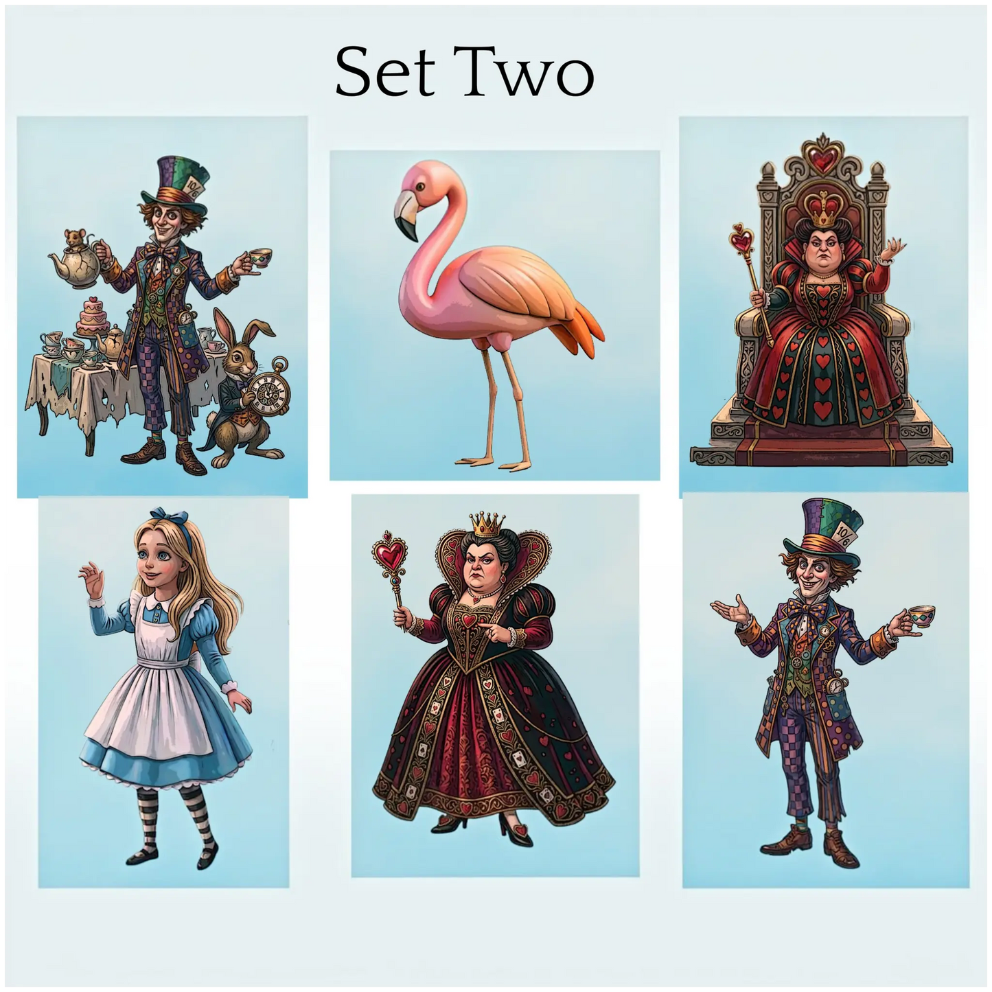A collage titled "Set Two" showing six illustrated characters on a pale blue background: a Mad Hatter with tea set and rabbit, a pink flamingo, a red-and-black crowned queen on a throne, a young Alice in Blue Beauty dress, a dark crowned queen, and another Mad Hatter figure. This appears to be a digital preview or assortment graphic rather than a single physical product photo.