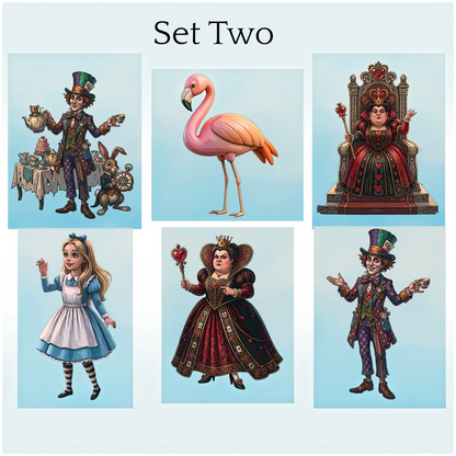 A collage titled "Set Two" showing six illustrated characters on a pale blue background: a Mad Hatter with tea set and rabbit, a pink flamingo, a red-and-black crowned queen on a throne, a young Alice in Blue Beauty dress, a dark crowned queen, and another Mad Hatter figure. This appears to be a digital preview or assortment graphic rather than a single physical product photo.
