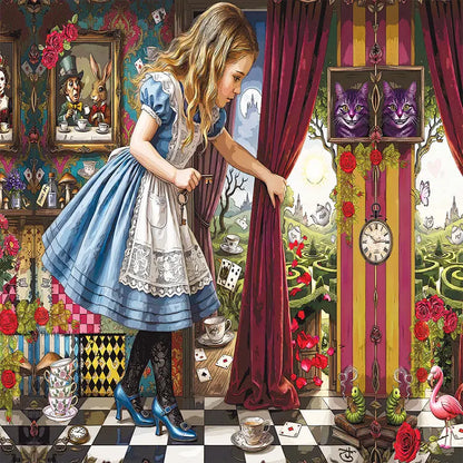 A whimsical Alice in Wonderland-style illustration shows a young girl in a blue and white dress pulling a dark red curtain. The room is highly detailed with playing cards, teacups, clocks, striped wallpaper, roses, and a fantastical landscape visible outside the window.