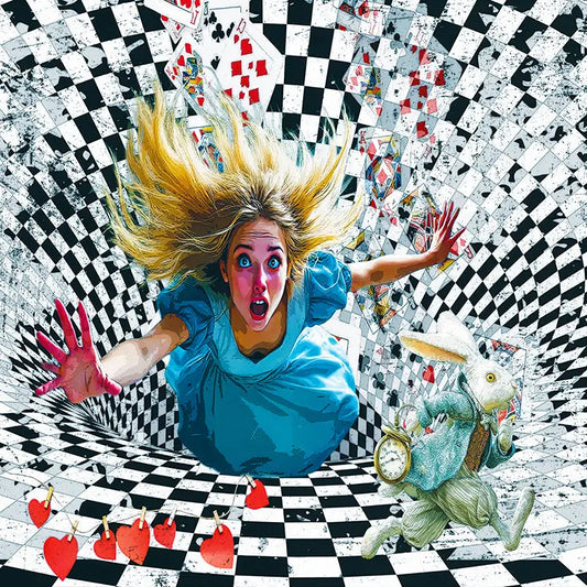 A surreal illustrated scene showing a woman in a blue dress falling through a black-and-white checkered tunnel with playing cards and red hearts, alongside a rabbit holding a pocket watch.