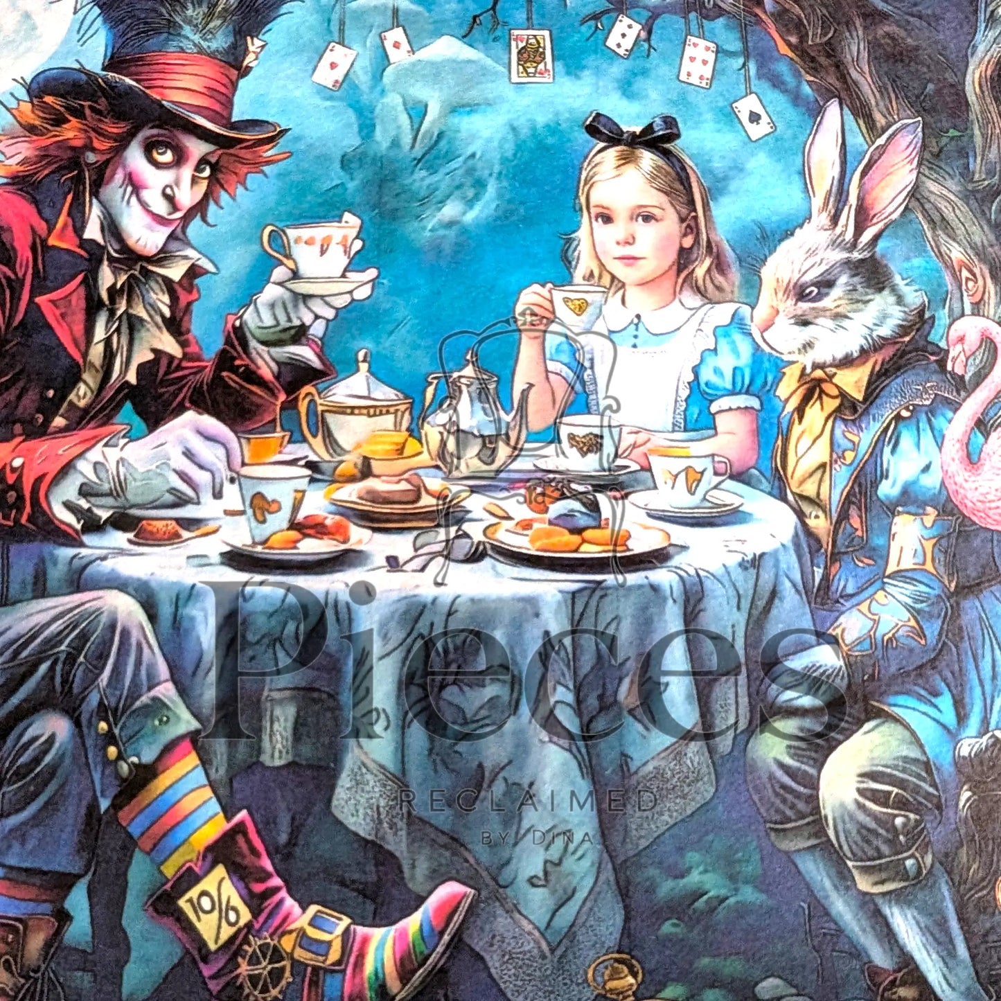 A colorful illustrated scene showing the Mad Hatter, Alice in Wonderland, and the White Rabbit seated around a tea table in a whimsical blue-toned setting. The artwork includes playing cards hanging above and a large semi-transparent 'Pieces' watermark across the center.