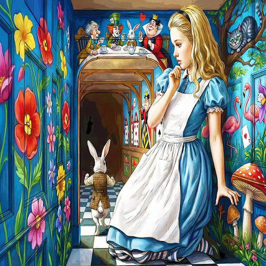 Alice in Wonderland art print featuring a blonde woman in a blue dress and white apron standing in a whimsical room with flowers, mushrooms, a rabbit, and other fantasy characters. The scene fills the frame with no visible mat or wall background.