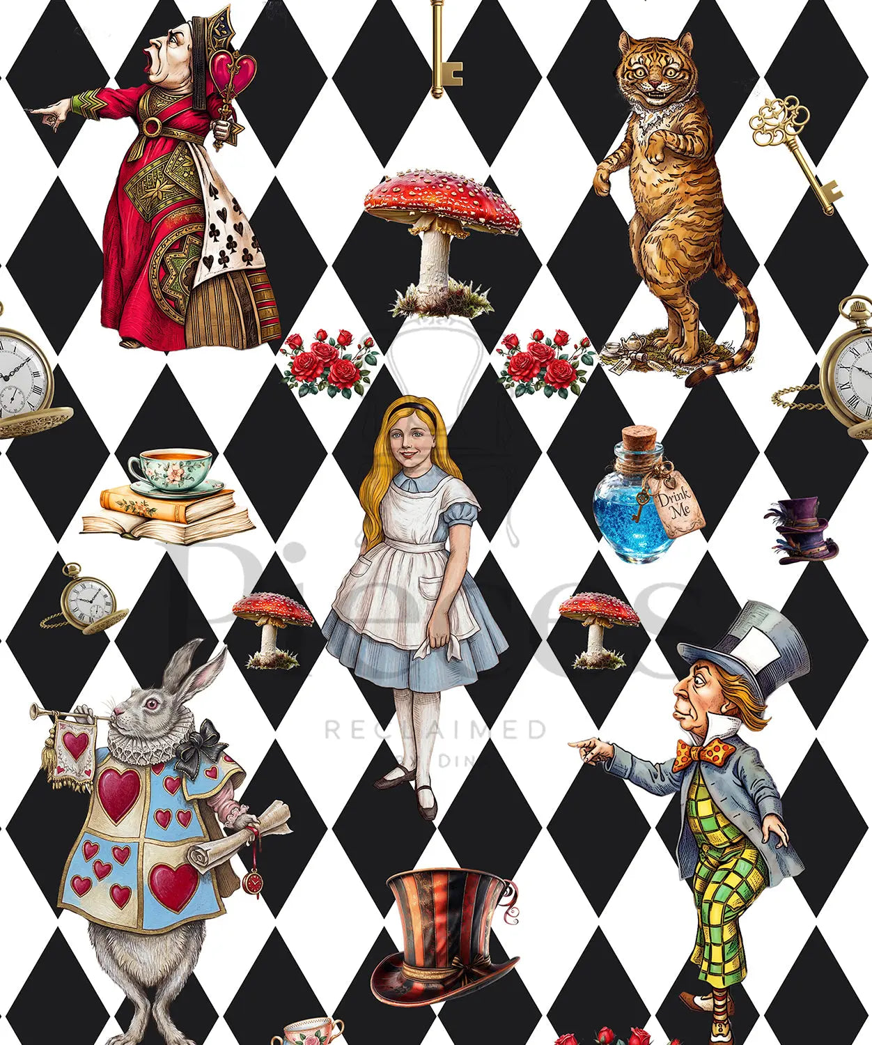 A repeating vintage-style decoupage paper  pattern featuring Alice in Wonderland characters and motifs, including the Queen, White Rabbit, Mad Hatter, Cheshire Cat, red mushrooms, flowers, teacups, and clocks, set against a black-and-white harlequin background.