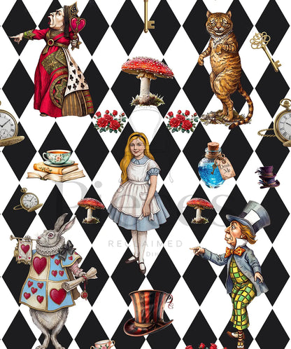 A repeating vintage-style decoupage paper  pattern featuring Alice in Wonderland characters and motifs, including the Queen, White Rabbit, Mad Hatter, Cheshire Cat, red mushrooms, flowers, teacups, and clocks, set against a black-and-white harlequin background.