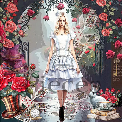 Alice in wonder land rice paper with Alice portrait  of a woman in a white and pale blue dress standing in an ornate garden arch with roses, playing cards, a top hat, a rabbit, and books. The image has a visible 'eco art' watermark across the center.