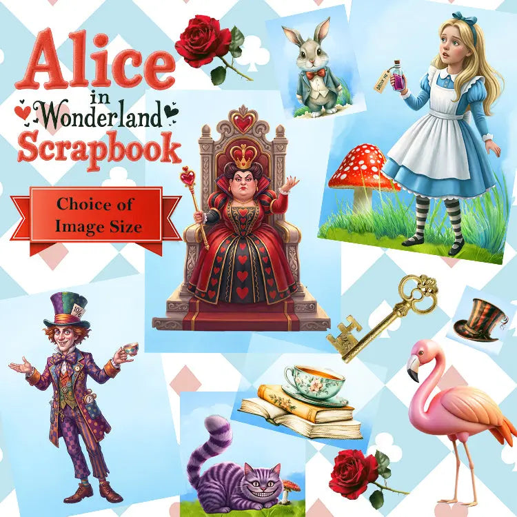 A collage-style cover design for an Alice in Wonderland themed scrapbook, featuring illustrated characters and motifs including the Queen of Hearts, Alice in a blue dress, the Mad Hatter, the Cheshire Cat, the White Rabbit, a pink flamingo, roses, a teacup, a key, and a top hat on a light blue patterned background. Large text reads 'Alice in Wonderland Scrapbook' and 'Choice of Image Size'.