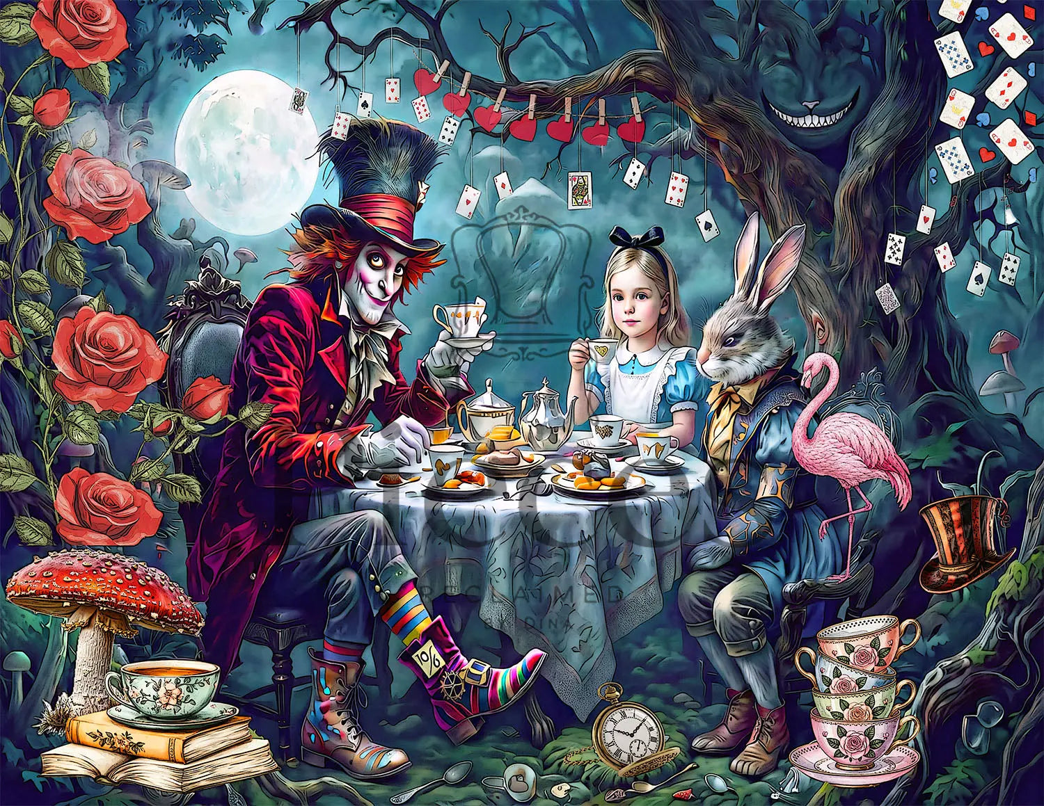 Decoupage rice paper. A whimsical fantasy tea-time scene inspired by Alice in Wonderland, showing a clown-like character, a girl, a rabbit, and a pink flamingo seated around a table in a dreamlike forest with roses, playing cards, a moon, and teacups.