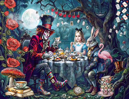Decoupage rice paper. A whimsical fantasy tea-time scene inspired by Alice in Wonderland, showing a clown-like character, a girl, a rabbit, and a pink flamingo seated around a table in a dreamlike forest with roses, playing cards, a moon, and teacups.