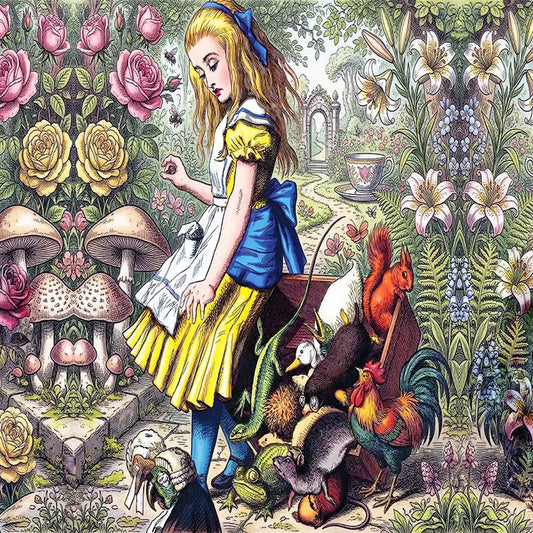 A highly detailed, symmetrical fantasy illustration inspired by Alice in Wonderland, featuring a young girl in a white and yellow dress standing in a lush garden with mushrooms, flowers, animals, and a teacup in the background.