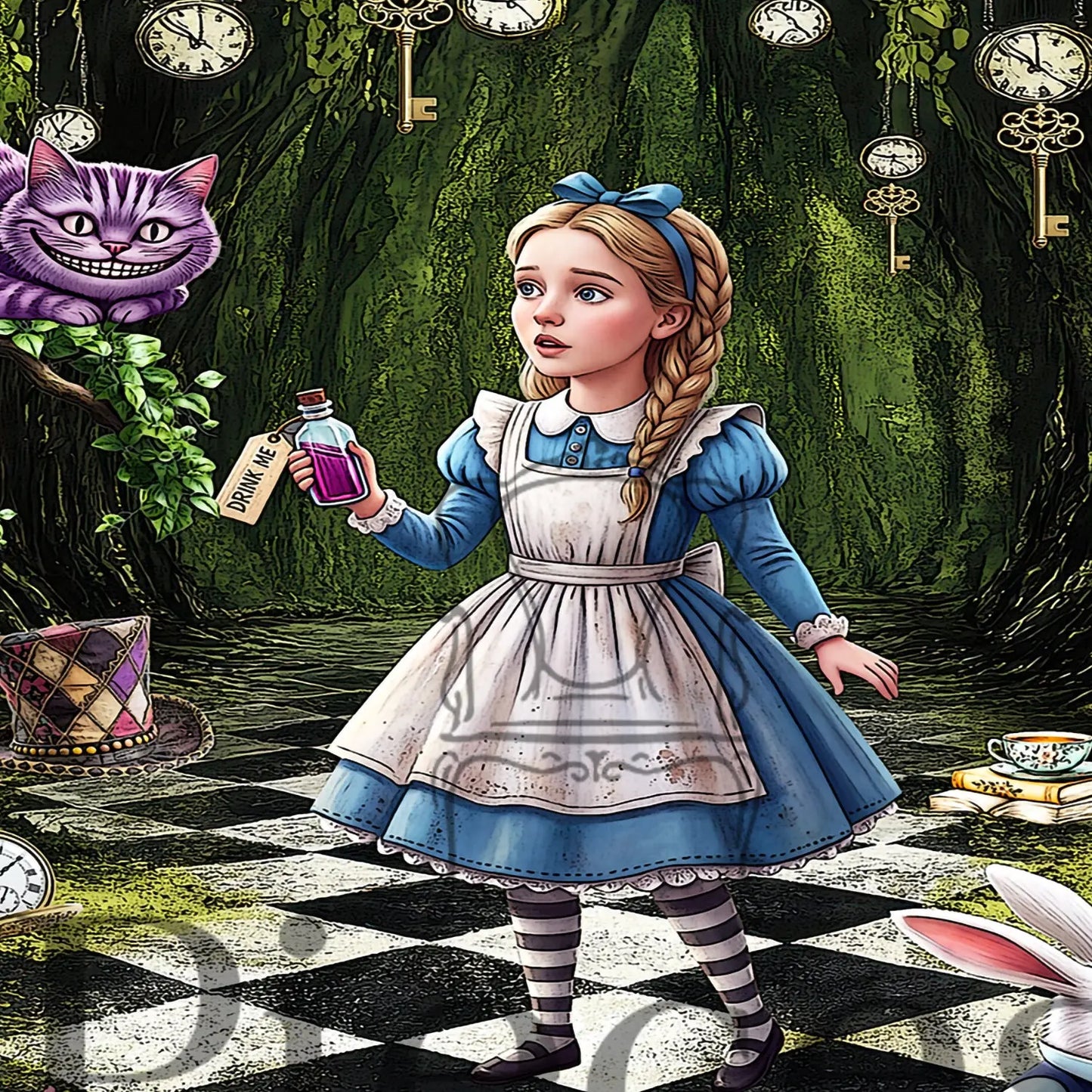 Alice in Wonderland illustration featuring a young girl in a blue and white dress standing on a black-and-white checkered floor, holding a bottle, with the Cheshire Cat, teapot, rabbit, and hanging clocks in a forest background.