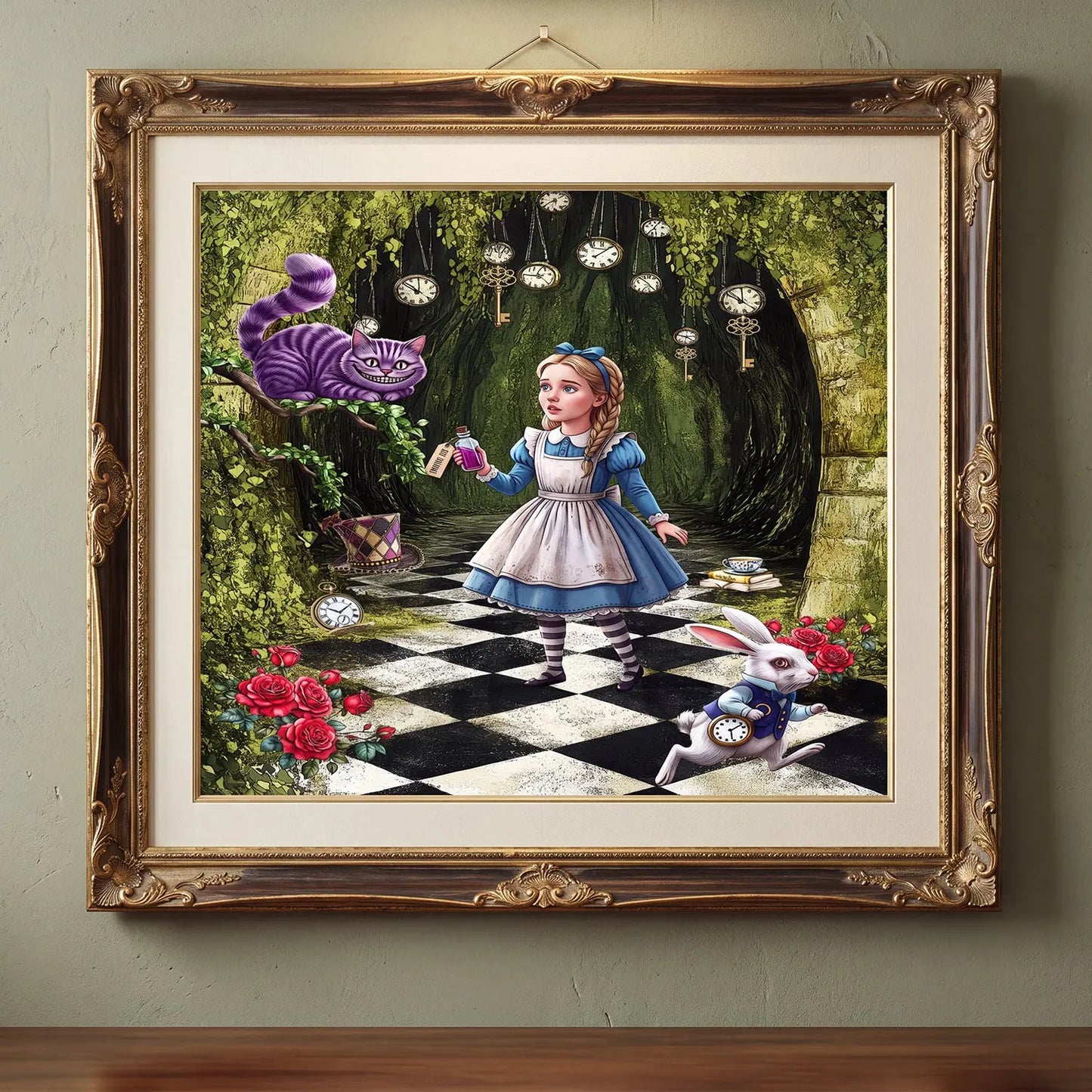 Alice in wonderland art in a frame and hanged on a wall