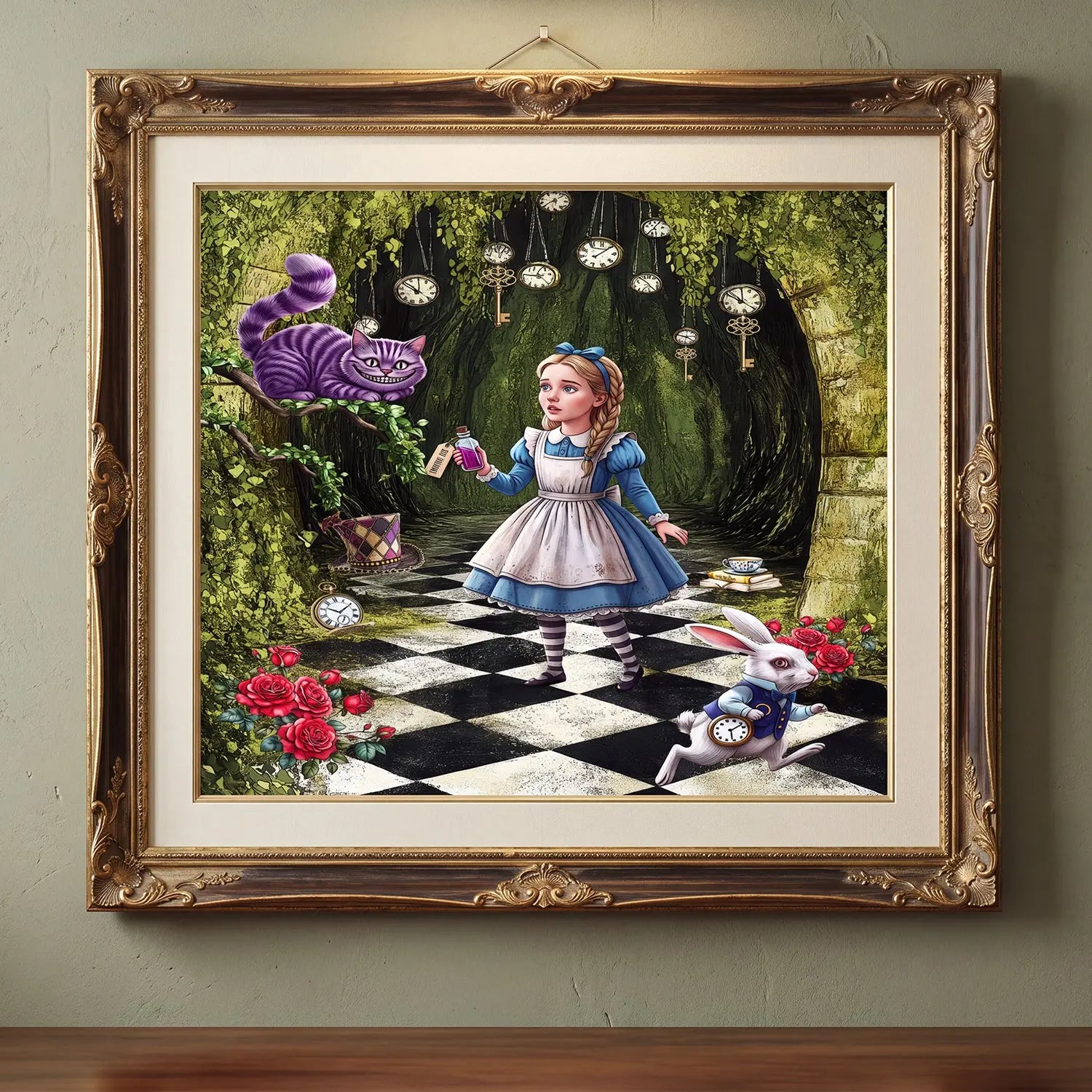 Alice in wonderland art in a frame and hanged on a wall