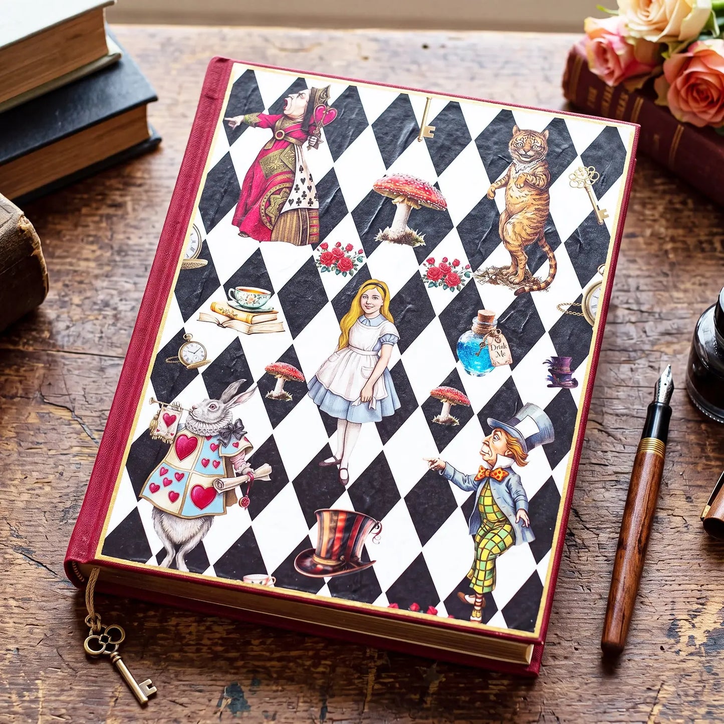 A note book showing the cover of the book decoupages with vintage style seamless pattern of Alice in Wonderland 