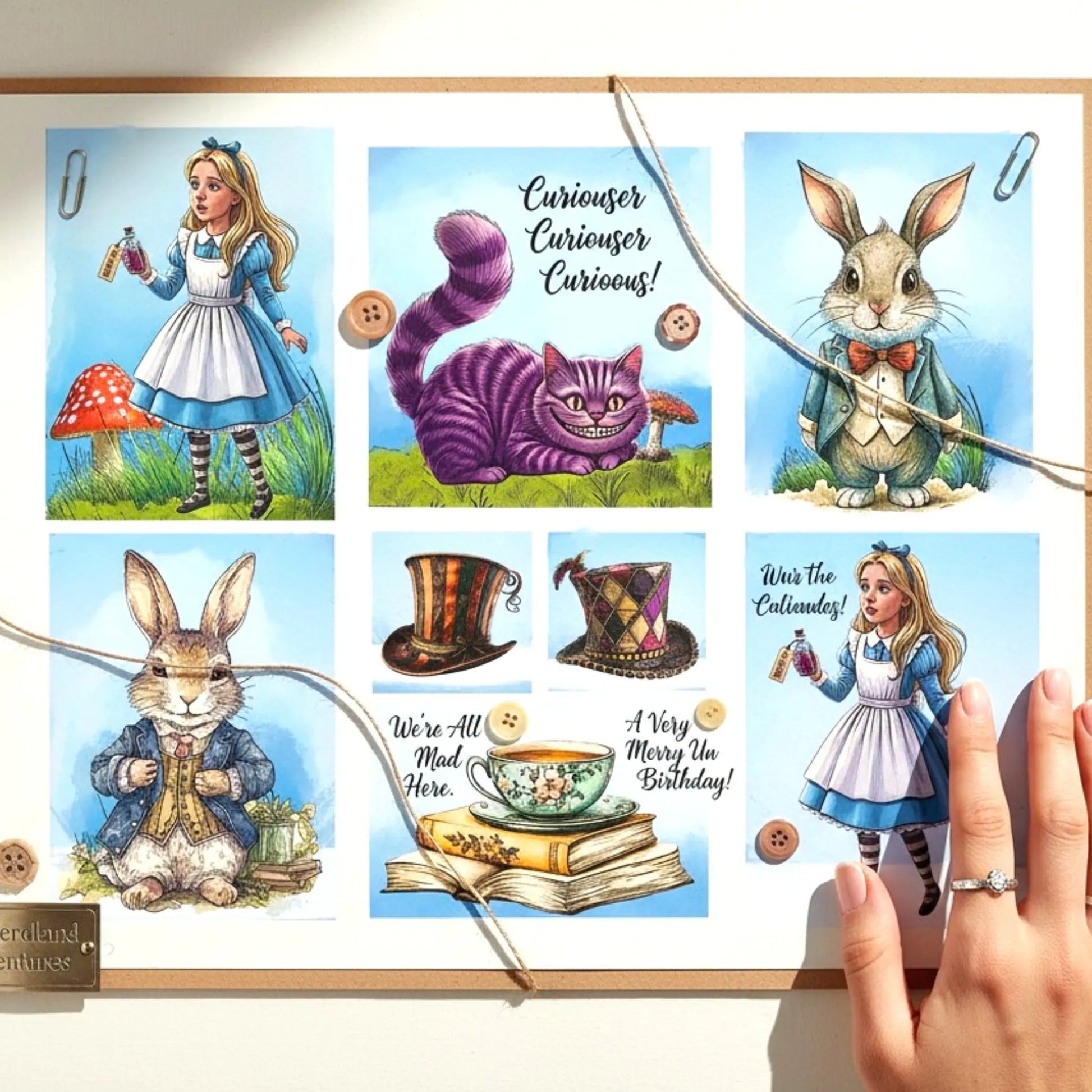 A square printed card or art print featuring six Alice in Wonderland illustrations arranged in a grid, including Alice, the Cheshire Cat, rabbits, hats, books, and text such as 'Curious Curious Curious!' and 'Was the Catlandey!'. A hand is touching the lower right corner of the print.