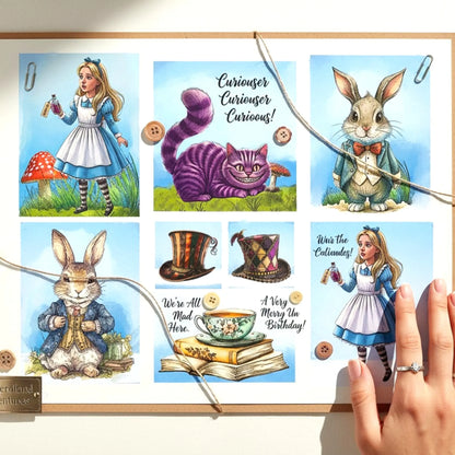 A square printed card or art print featuring six Alice in Wonderland illustrations arranged in a grid, including Alice, the Cheshire Cat, rabbits, hats, books, and text such as 'Curious Curious Curious!' and 'Was the Catlandey!'. A hand is touching the lower right corner of the print.