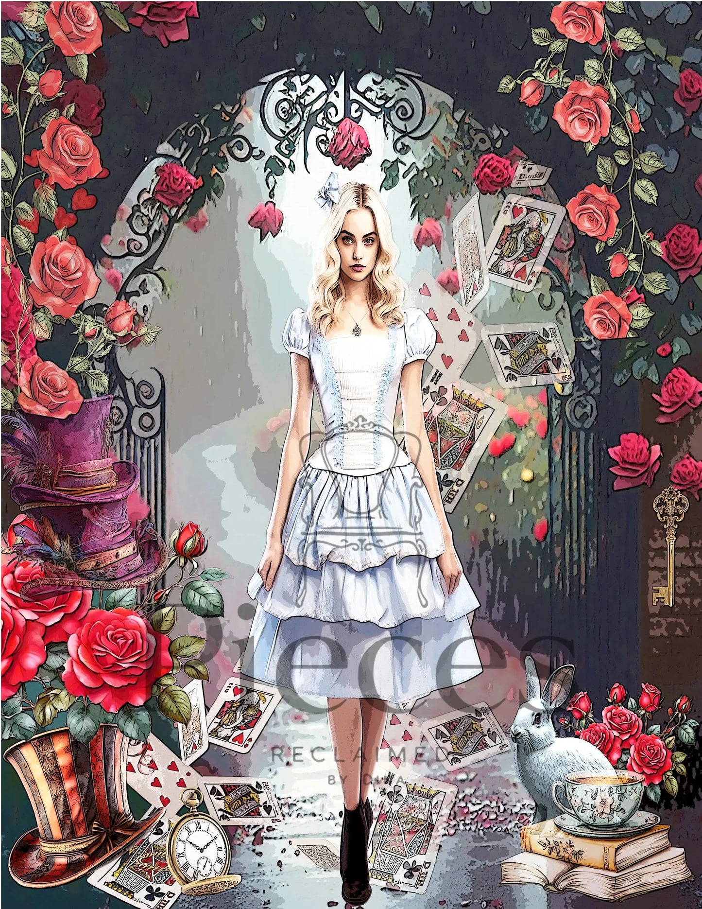 Alice in wonder land rice paper. With a  portrait of Alice in a white and blue tiered dress standing in an arched doorway surrounded by red roses, playing cards, a purple top hat, a rabbit on books, and a teacup. The image has a visible 'piecec' watermark across the center.