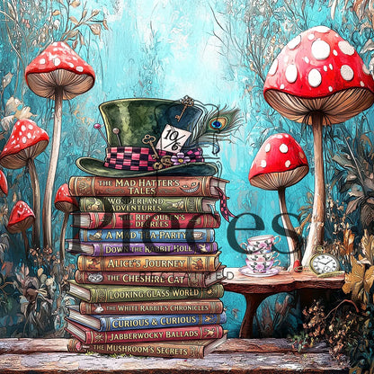 Rice paper for a whimsical illustrated stack of books from Alice in Wonderland, topped with a black and red checkered top hat and a peacock feather, set in a forest of red-and-white mushrooms with a small table and teapot nearby.