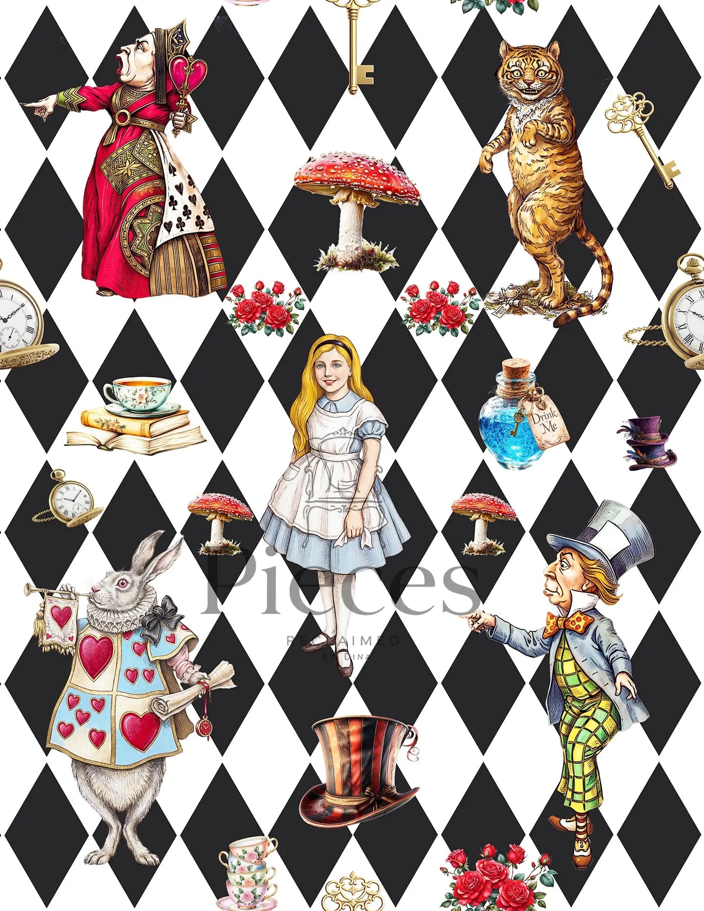 A repeating rice paper of  Mad Tea-Time / Alice in Wonderland style pattern on a black-and-white harlequin background, featuring Alice, the White Rabbit, the Queen, the Tiger, the Mad Hatter, teacups, roses, mushrooms, and decorative objects.