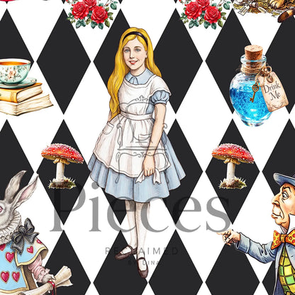 Decoupage paper featuring a repeating black-and-white diamond pattern with Alice in Wonderland illustrations, including Alice, the White Rabbit, the Mad Hatter, red mushrooms, a teacup, books, and a blue potion bottle. Large semi-transparent 'Pieces' watermark text overlays the center.