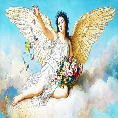 A classical-style painting of a winged angel seated on clouds, holding a basket of flowers, with a blue sky background and soft pastel clouds around it.