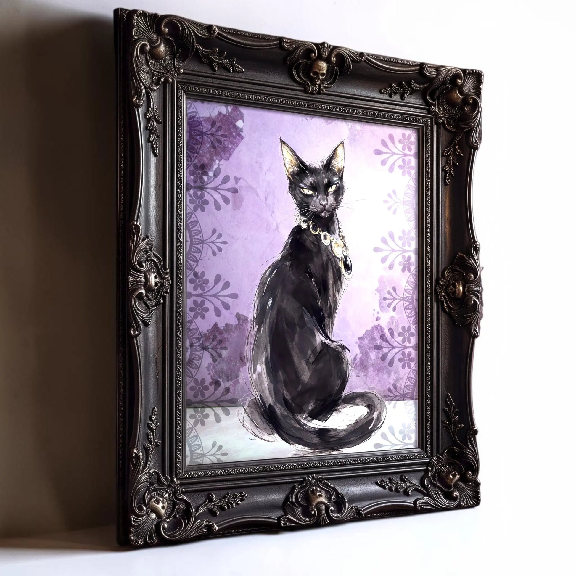 A framed art print featuring a black cat sitting against a lavender floral background, enclosed in an ornate dark brown carved frame.