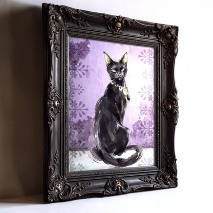 A framed art print featuring a black cat sitting against a lavender floral background, enclosed in an ornate dark brown carved frame.