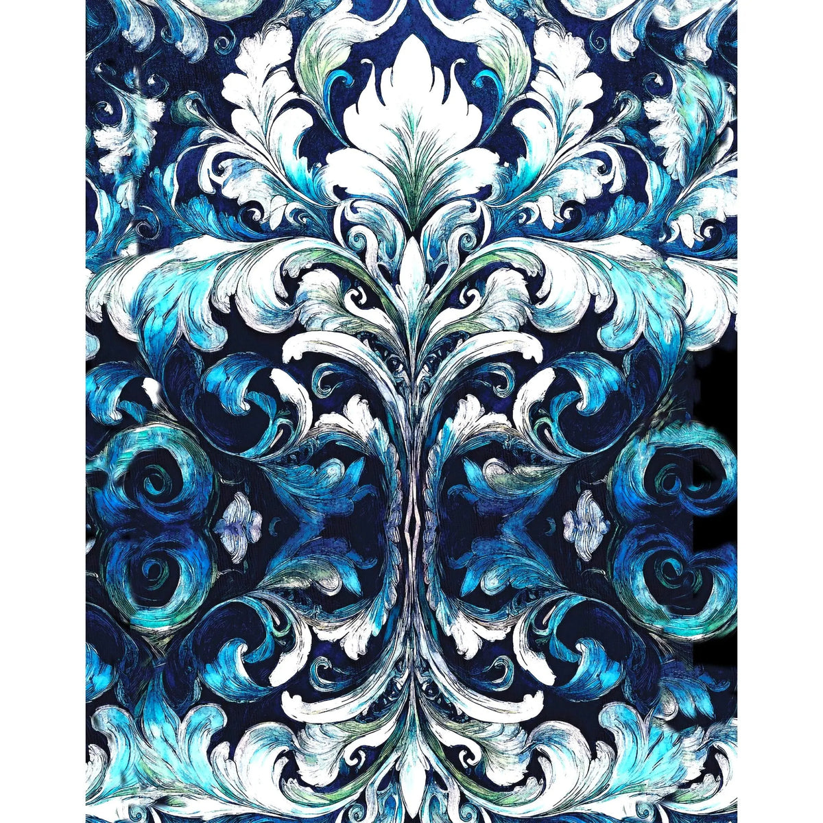A symmetrical damask-style ornamental pattern in deep navy blue, bright cyan, turquoise, and white, filling the frame.