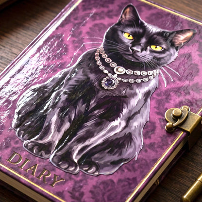A close-up of a purple hardcover diary featuring an illustration of a black cat wearing a jeweled collar. The cover has a damask pattern, gold trim, a brass clasp, and the word 'DIARY' printed in gold at the bottom left, resting on a dark wooden surface.