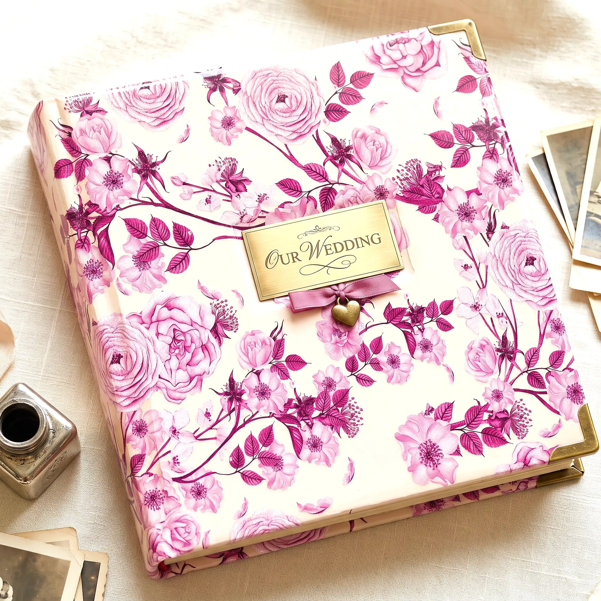 Pink floral seamless pattern Wedding guests book with a cover that is decorated with decoupage rice paper for furniture and DIY projects