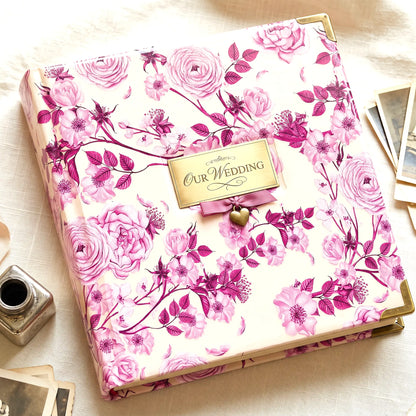Pink floral seamless pattern Wedding guests book with a cover that is decorated with decoupage rice paper for furniture and DIY projects