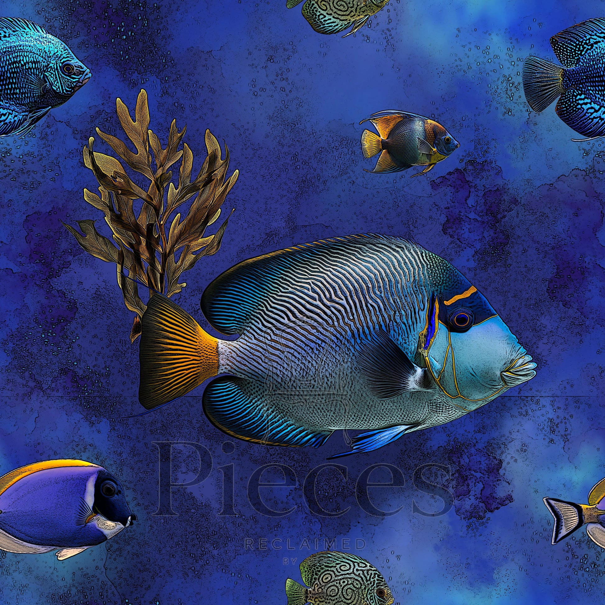 Underwater fish pattern featuring a large blue and yellow angelfish, smaller tropical fish, and brown seaweed on a textured deep blue background. The word 'Pieces' is watermarked across the center.