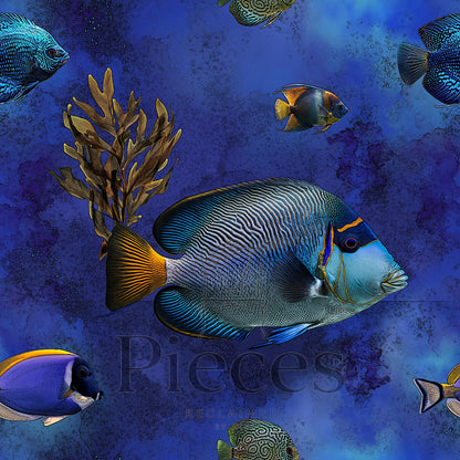 Underwater fish pattern featuring a large blue and yellow angelfish, smaller tropical fish, and brown seaweed on a textured deep blue background. The word 'Pieces' is watermarked across the center.