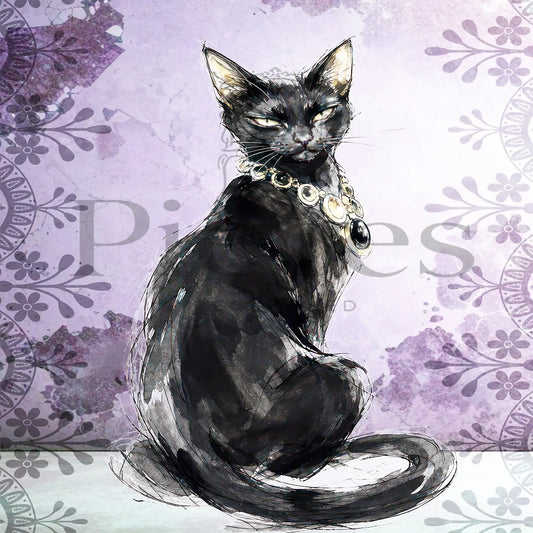 Watercolor-style decoupage paper art print of a black cat sitting and wearing a decorative gold collar, set against a lavender and purple floral patterned background.