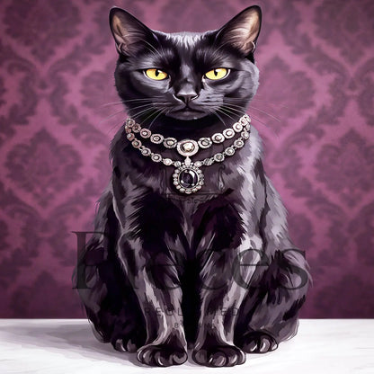 A black cat wearing an ornate jeweled collar decoupage paper, seated against a purple damask-patterned background.